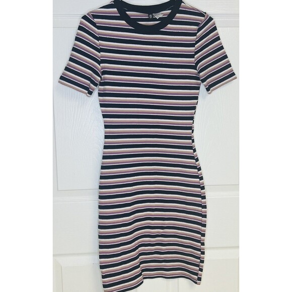 H & M Divided Sweater Dress Womens Sz 8 Midi Casual Stretch Striped Blue Mauve - Picture 1 of 5